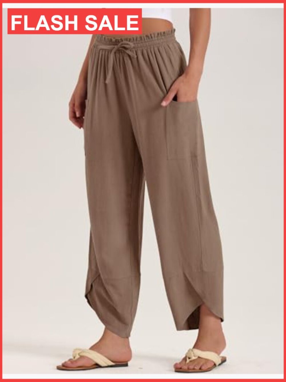 Boho Wide Leg Linen Capri Pants Women Summer Palazzo Drawstring - Picture 4 of 7